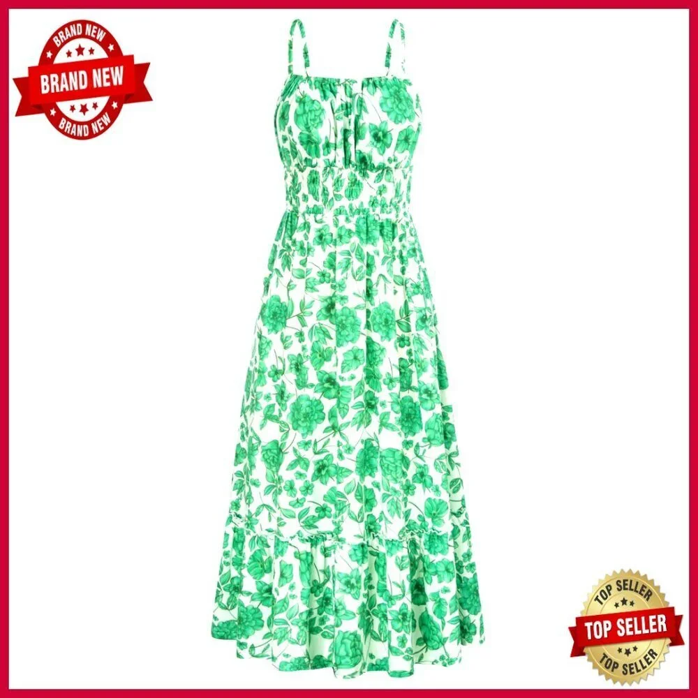 Floral Smocked Maxi Dress Boho Beach Sundress with Pockets Adjustable Straps